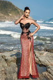 Strapless Borgonha Sereia Vestido de Noite com Fenda