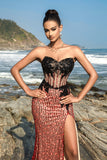 Strapless Borgonha Sereia Vestido de Noite com Fenda