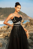 Alças Esparguete Preto Um Vestido de Noite Linha