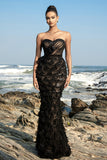 Strapless Preto Sereia Vestido de Noite