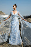 Vestido de noite azul V-neck bainha com mangas de cabo