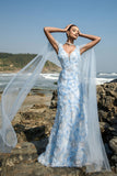Vestido de noite azul V-neck bainha com mangas de cabo
