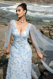 Vestido de noite azul V-neck bainha com mangas de cabo