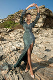 Sereia Verde Brilhante 3/4 Manga Vestido de Noite