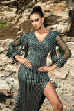 Sereia Verde Brilhante 3/4 Manga Vestido de Noite
