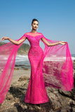 Fuchsia Sereia Sequins Vestido de Noite com Mangas de Cabo