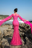 Fuchsia Sereia Sequins Vestido de Noite com Mangas de Cabo