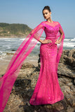 Fuchsia Sereia Sequins Vestido de Noite com Mangas de Cabo