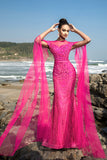 Fuchsia Sereia Sequins Vestido de Noite com Mangas de Cabo