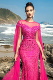 Fuchsia Sereia Sequins Vestido de Noite com Mangas de Cabo