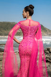 Fuchsia Sereia Sequins Vestido de Noite com Mangas de Cabo