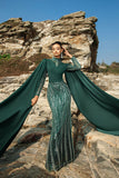Vestido de noite de sereia verde escuro brilhante com mangas de cabo
