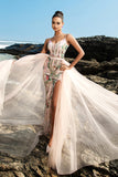 Sparkly Blush Esparguete Correias Sereia Vestido de Noite com Cabo