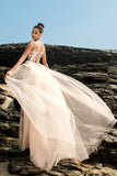 Sparkly Blush Esparguete Correias Sereia Vestido de Noite com Cabo