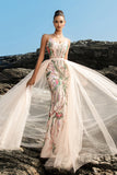 Sparkly Blush Esparguete Correias Sereia Vestido de Noite com Cabo