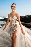Sparkly Blush Esparguete Correias Sereia Vestido de Noite com Cabo