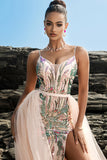 Sparkly Blush Esparguete Correias Sereia Vestido de Noite com Cabo