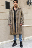 Branco Cinzento Longo Frontal Aberto Polo Collar Fur Coat