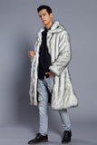 Branco Cinzento Longo Frontal Aberto Polo Collar Fur Coat