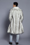 Branco Cinzento Longo Frontal Aberto Polo Collar Fur Coat