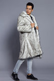 Branco Cinzento Longo Frontal Aberto Polo Collar Fur Coat