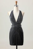 Preto Bodycon V-Neck frisado Homecoming Dress