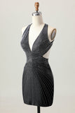 Preto Bodycon V-Neck frisado Homecoming Dress
