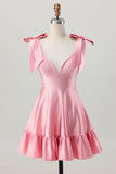 Blush Rosa Uma Linha V-Neck Cetim Homecoming Dress com laços