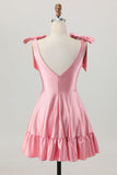 Blush Rosa Uma Linha V-Neck Cetim Homecoming Dress com laços