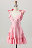 Blush Rosa Uma Linha V-Neck Cetim Homecoming Dress com laços