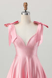 Blush Rosa Uma Linha V-Neck Cetim Homecoming Dress com laços