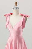 Blush Rosa Uma Linha V-Neck Cetim Homecoming Dress com laços