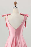 Blush Rosa Uma Linha V-Neck Cetim Homecoming Dress com laços