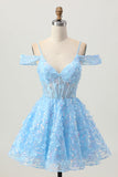 Sparkly Sequins Blue A-Line Ombro Frio Mini Vestido Homecoming com costas abertas
