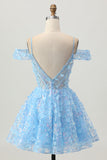 Sparkly Sequins Blue A-Line Ombro Frio Mini Vestido Homecoming com costas abertas