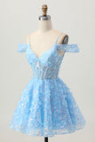 Sparkly Sequins Blue A-Line Ombro Frio Mini Vestido Homecoming com costas abertas