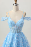 Sparkly Sequins Blue A-Line Ombro Frio Mini Vestido Homecoming com costas abertas