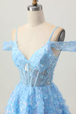 Sparkly Sequins Blue A-Line Ombro Frio Mini Vestido Homecoming com costas abertas