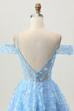 Sparkly Sequins Blue A-Line Ombro Frio Mini Vestido Homecoming com costas abertas