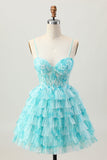Azul Verde Uma Linha Tiered Print Corset Mini Homecoming Dress com saia de babados