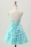 Azul Verde Uma Linha Tiered Print Corset Mini Homecoming Dress com saia de babados
