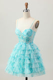 Azul Verde Uma Linha Tiered Print Corset Mini Homecoming Dress com saia de babados