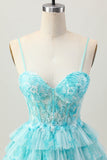 Azul Verde Uma Linha Tiered Print Corset Mini Homecoming Dress com saia de babados