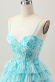Azul Verde Uma Linha Tiered Print Corset Mini Homecoming Dress com saia de babados