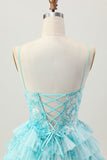 Azul Verde Uma Linha Tiered Print Corset Mini Homecoming Dress com saia de babados