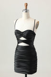 Escuro Khaki Ruched Cut-Out Tight Mini Homecoming Dress com renda para trás