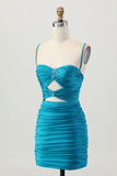 Escuro Khaki Ruched Cut-Out Tight Mini Homecoming Dress com renda para trás
