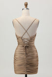 Escuro Khaki Ruched Cut-Out Tight Mini Homecoming Dress com renda para trás