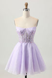 Sparkly A Line Strapless Sequins Lace Up Back Mini Lilás Homecoming Dress with Beading