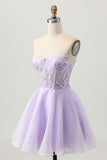 Sparkly A Line Strapless Sequins Lace Up Back Mini Lilás Homecoming Dress with Beading